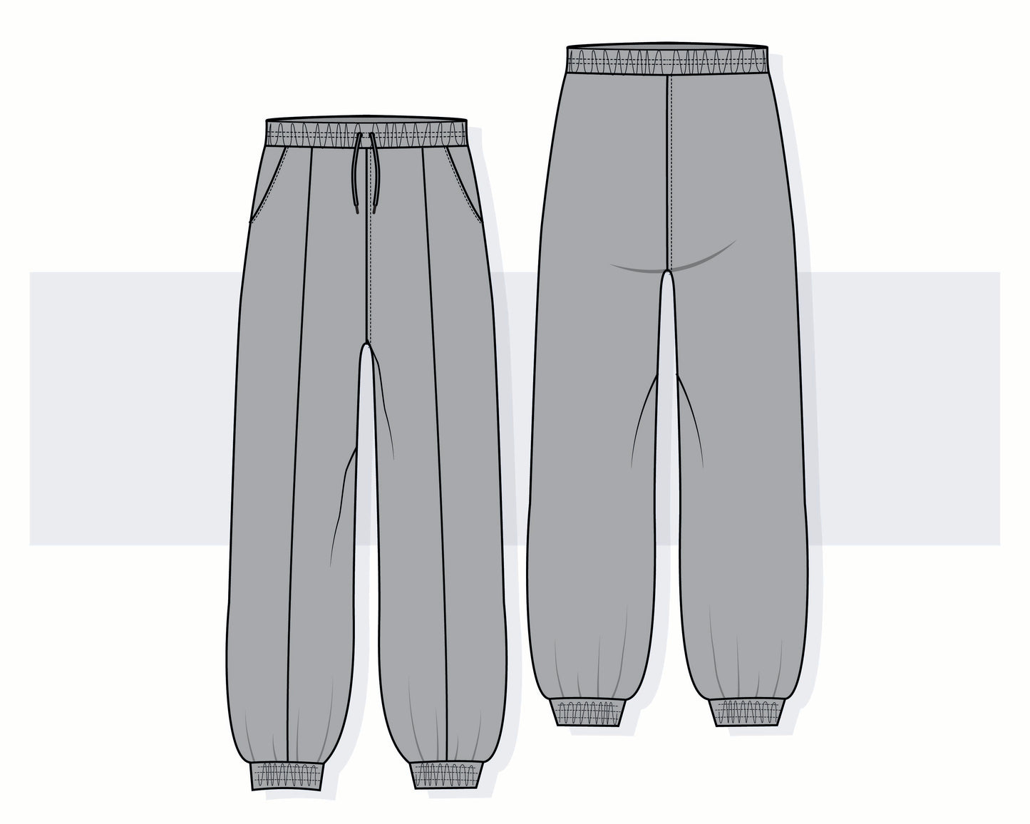 Women's Loose Fit Joggers Vector Flat Sketch | Elastic Hem Sweatpants Fashion CAD