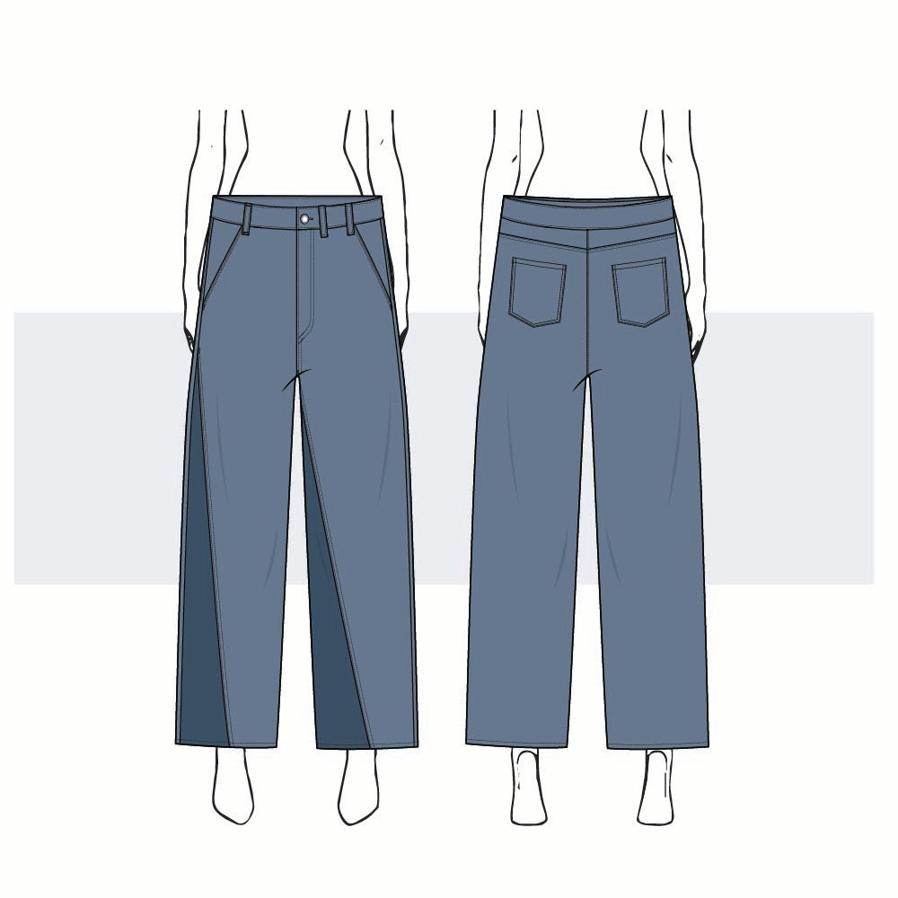 Women’s Wide Leg Denim Jeans with Diagonal Cut-and-Sew Detail