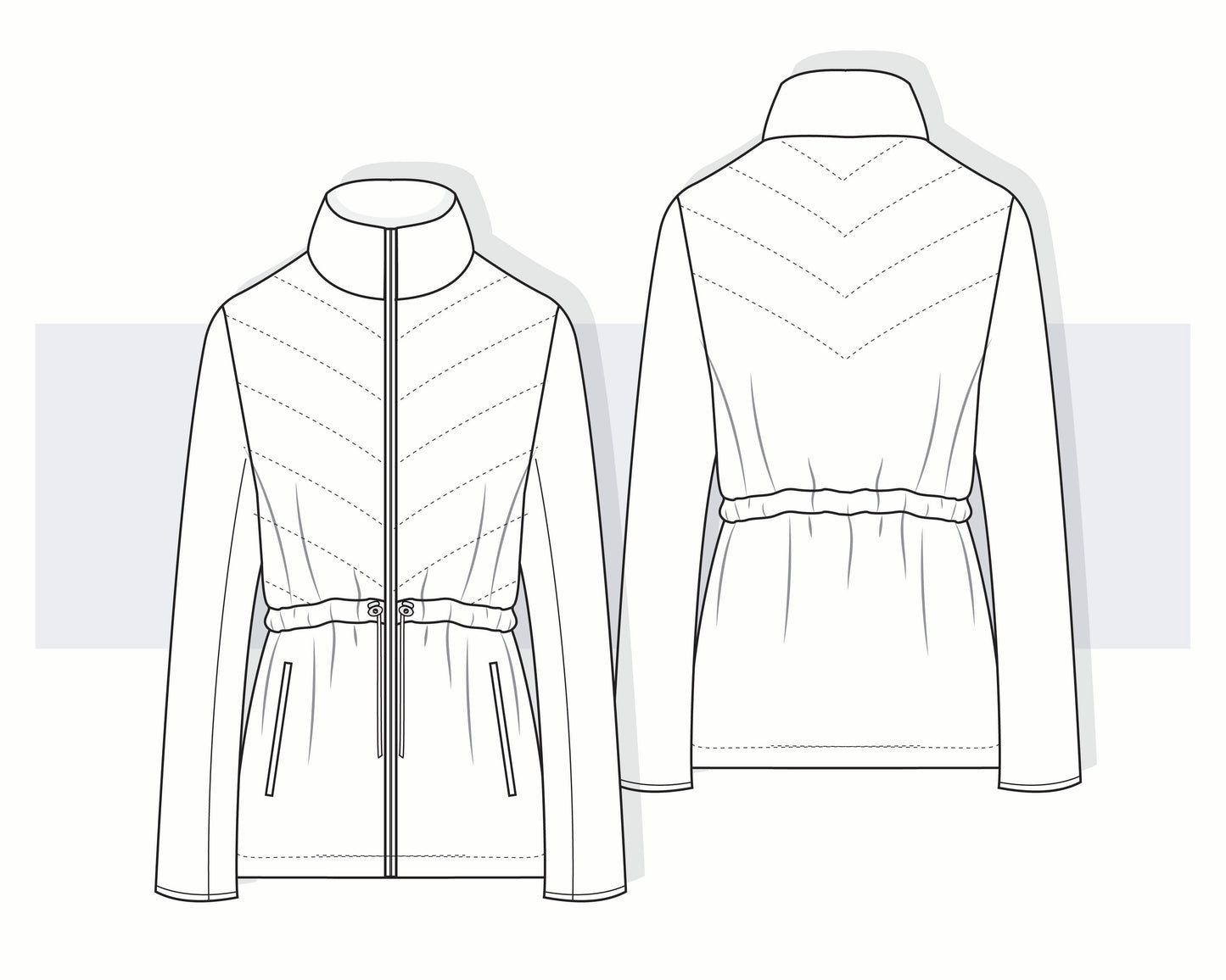 Women's Quilted Hybrid Jacket CAD | Bonded Jersey Sleeve Puffer Vector Fashion Sketch