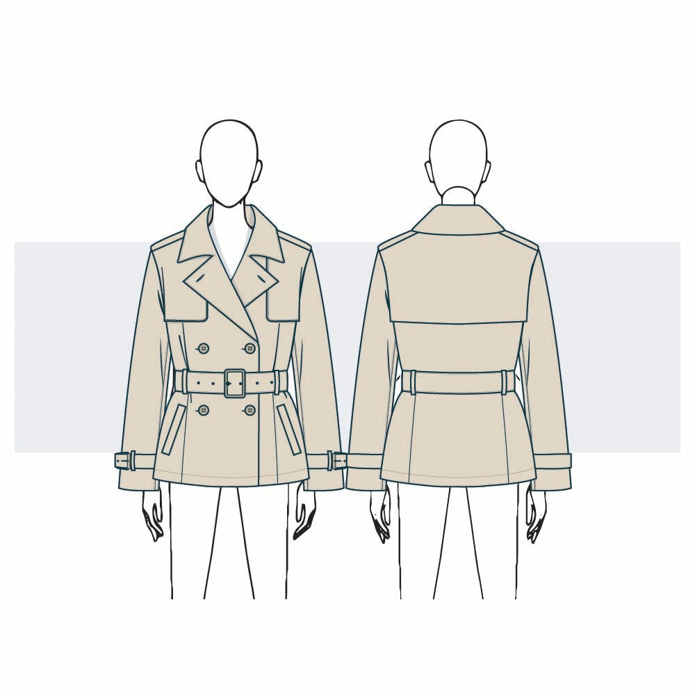 Women Trench-style coat short jacket Fashion Flat Vector Template