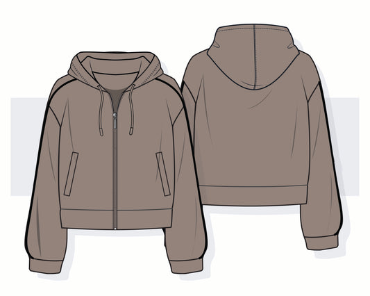 Women's Drop Shoulder Zip-Up Hoodie with Piping Vector Template
