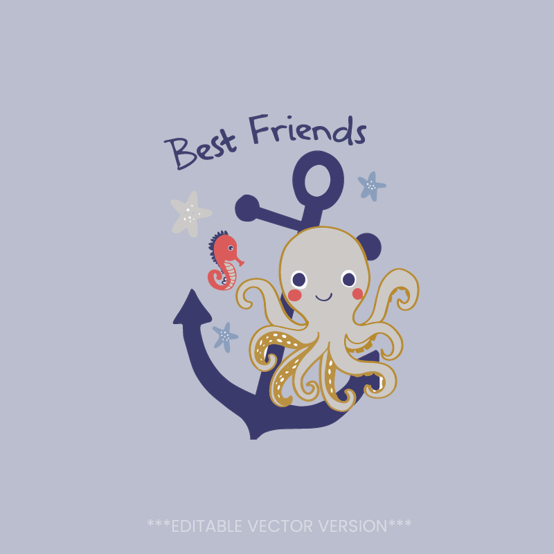 Cute Octopus Best Friends Summer Graphic for Boys | Kids Nautical Digital Print