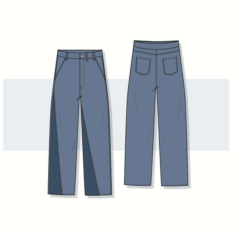 Women’s Wide Leg Denim Jeans with Diagonal Cut-and-Sew Detail