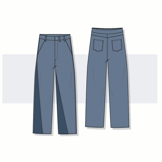 Women’s Wide Leg Denim Jeans with Diagonal Cut-and-Sew Detail