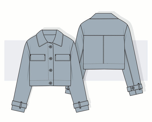 Boxy Denim Jacket Vector Fashion Sketch for Tech Packs
