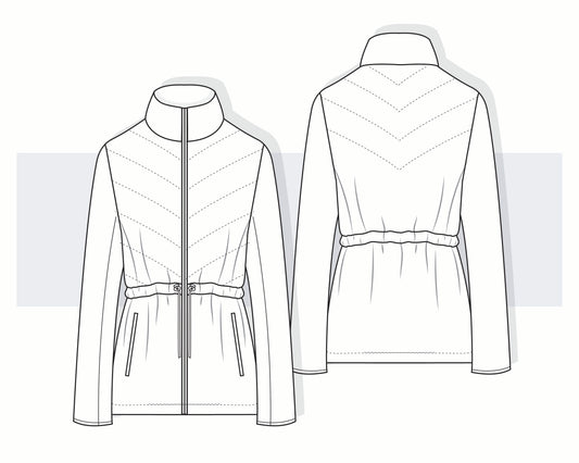 Women's Quilted Hybrid Jacket CAD | Bonded Jersey Sleeve Puffer Vector Fashion Sketch