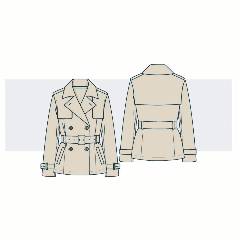 Women Trench-style coat short jacket Fashion Flat Vector Template